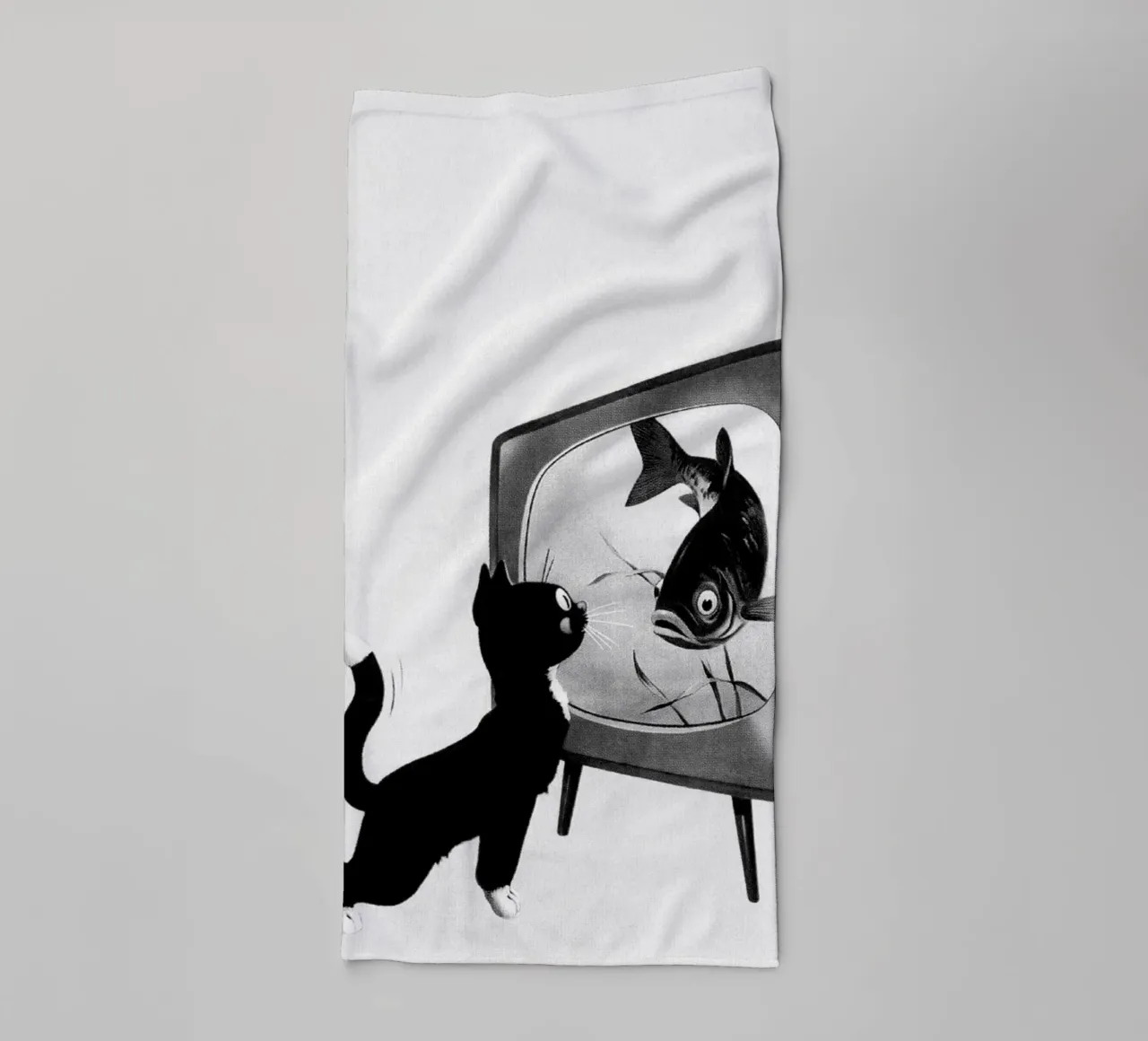 Tuxedo Cat Looking At Fish On TV, Black and White Art towel by Vibrant Vintage Prints