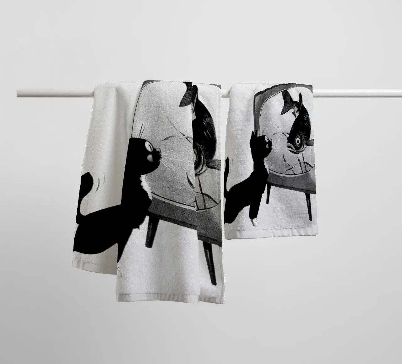 Tuxedo Cat Looking At Fish On TV, Black and White Art towel by Vibrant Vintage Prints