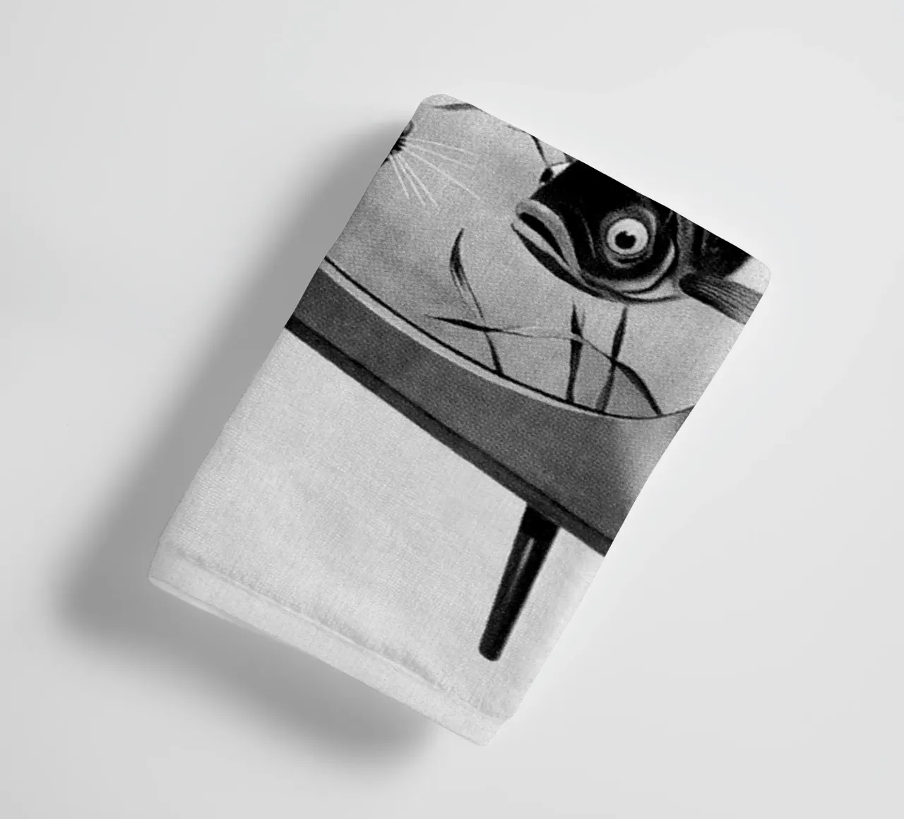 Tuxedo Cat Looking At Fish On TV, Black and White Art towel by Vibrant Vintage Prints