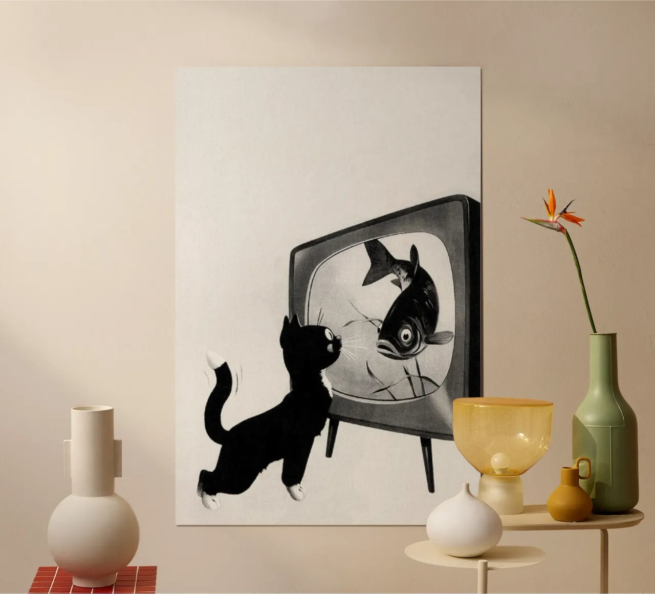 Tuxedo Cat Looking At Fish On TV, Black and White Art poster by Vibrant Vintage Prints