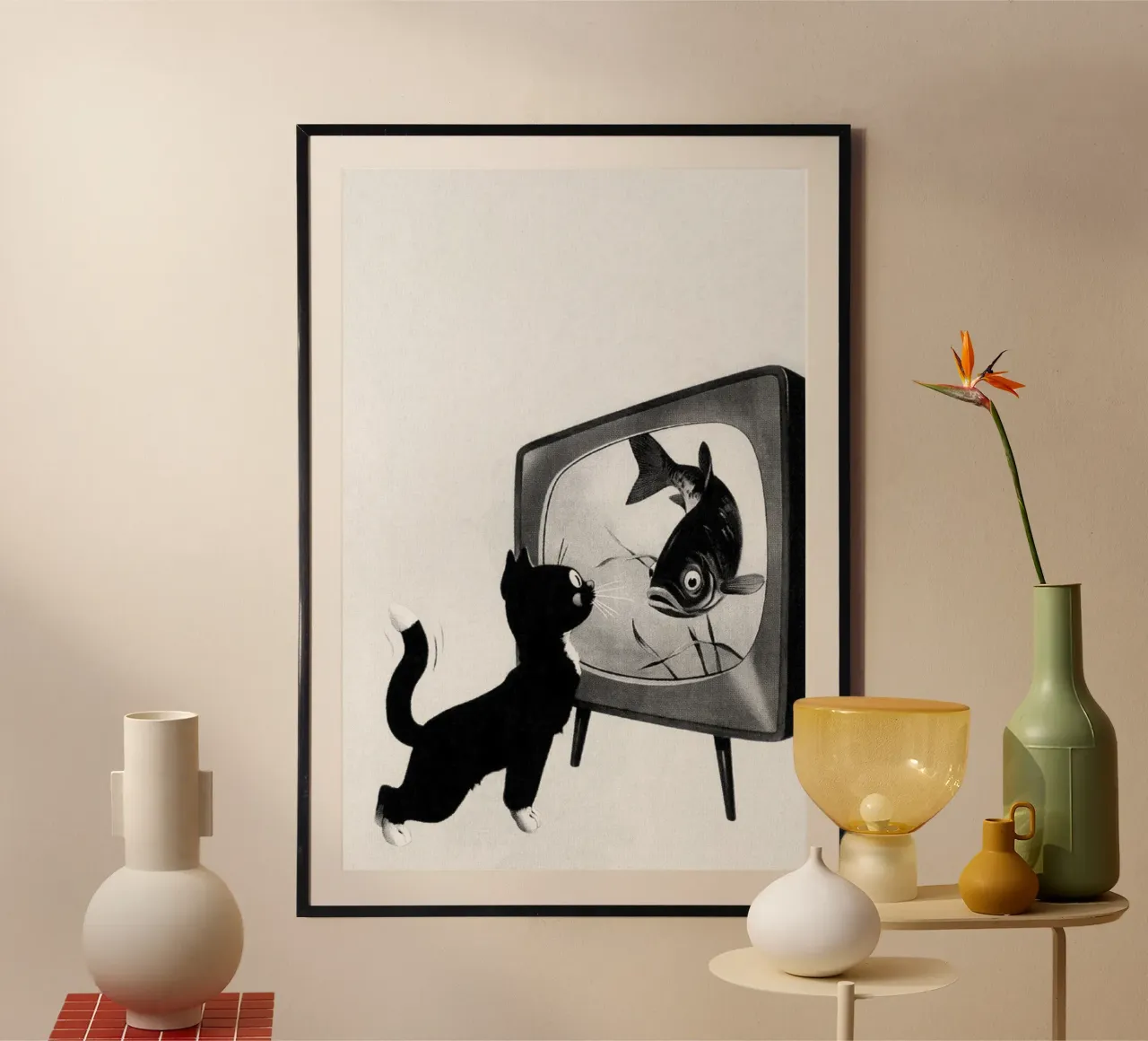 Tuxedo Cat Looking At Fish On TV, Black and White Art poster by Vibrant Vintage Prints
