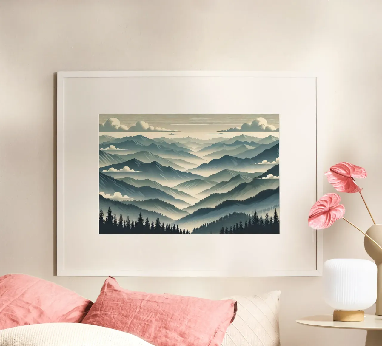 Un tranquillo orizzonte montano poster con telaio in alluminio da Chromatic Fusion Studio