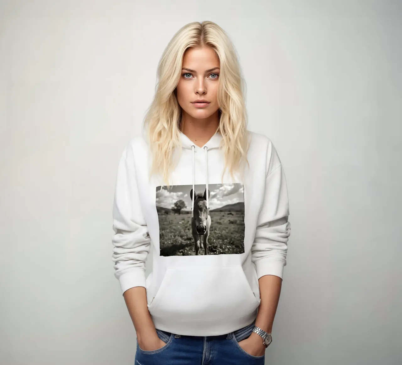 Puledro in piedi in un campo erboso in scala di grigi felpa con cappuccio da DesignDoodle