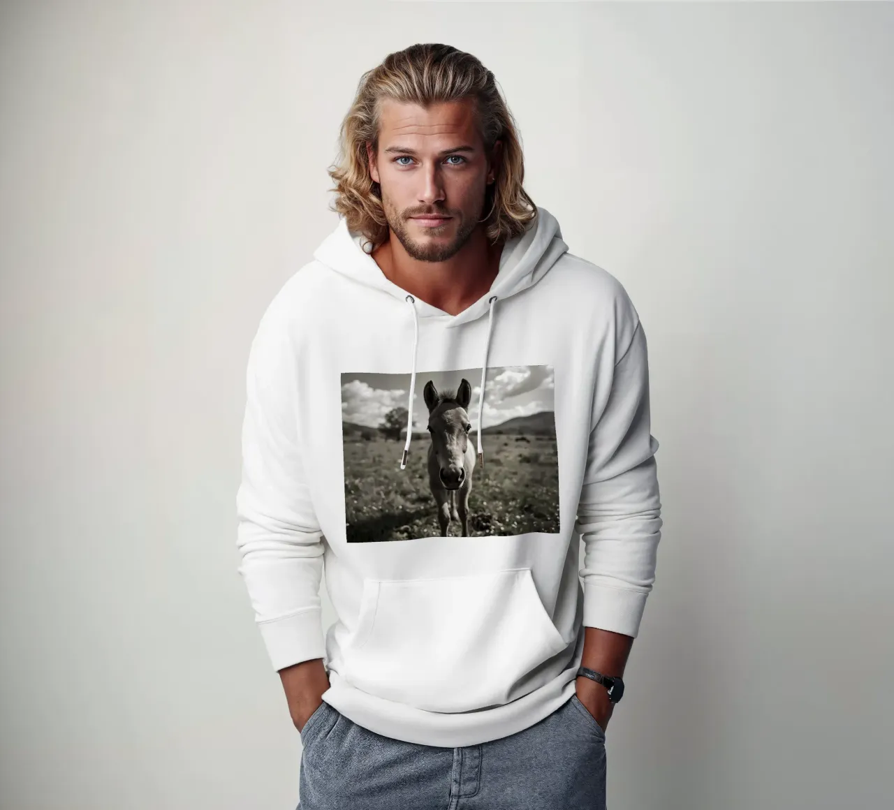 Puledro in piedi in un campo erboso in scala di grigi felpa con cappuccio da DesignDoodle