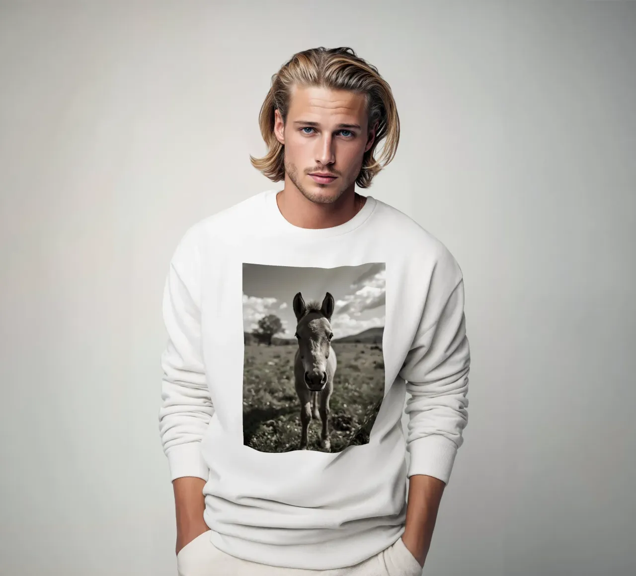 Puledro in piedi in un campo erboso in scala di grigi felpa da DesignDoodle