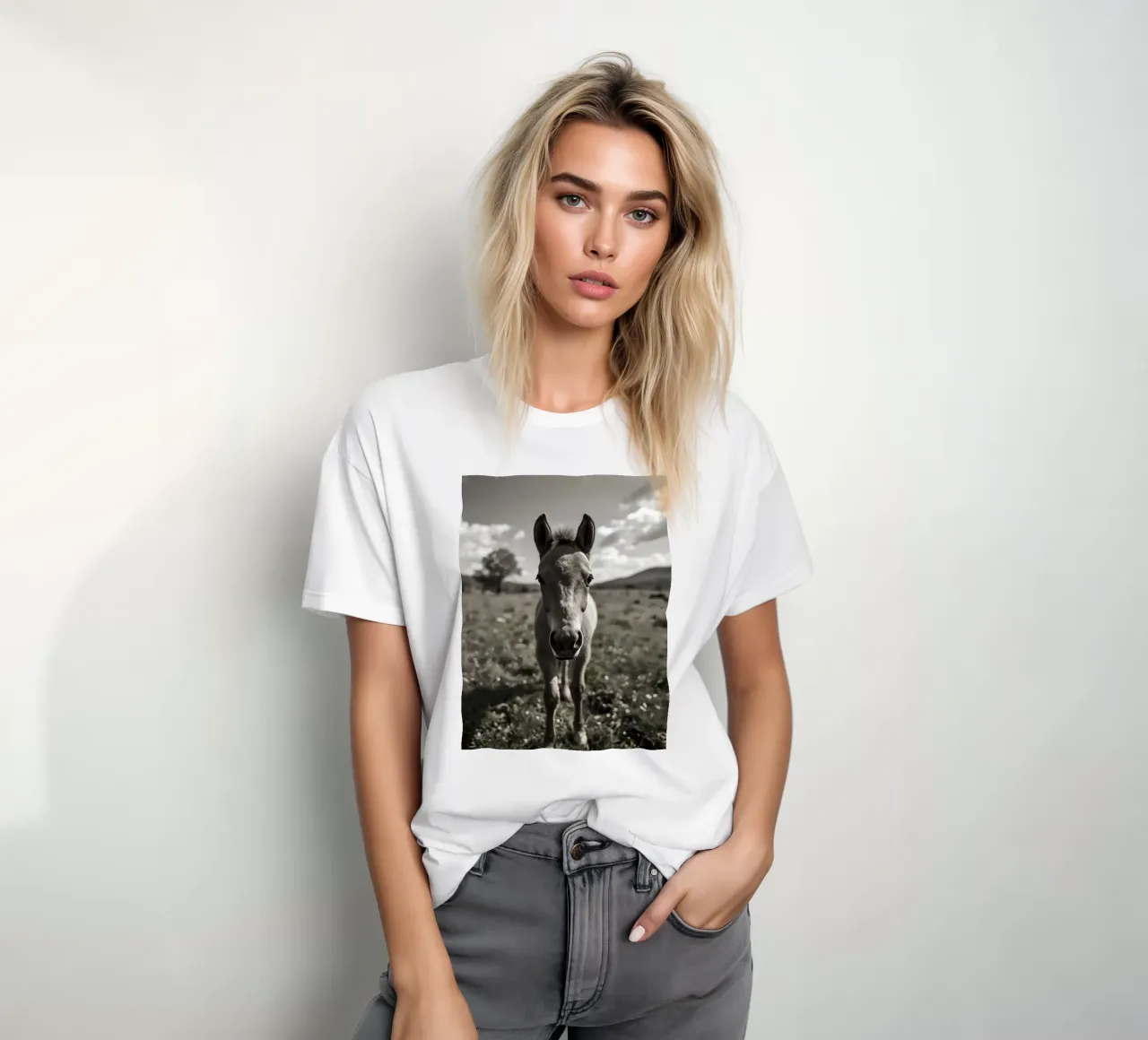 Puledro in piedi in un campo erboso in scala di grigi t-shirt da DesignDoodle