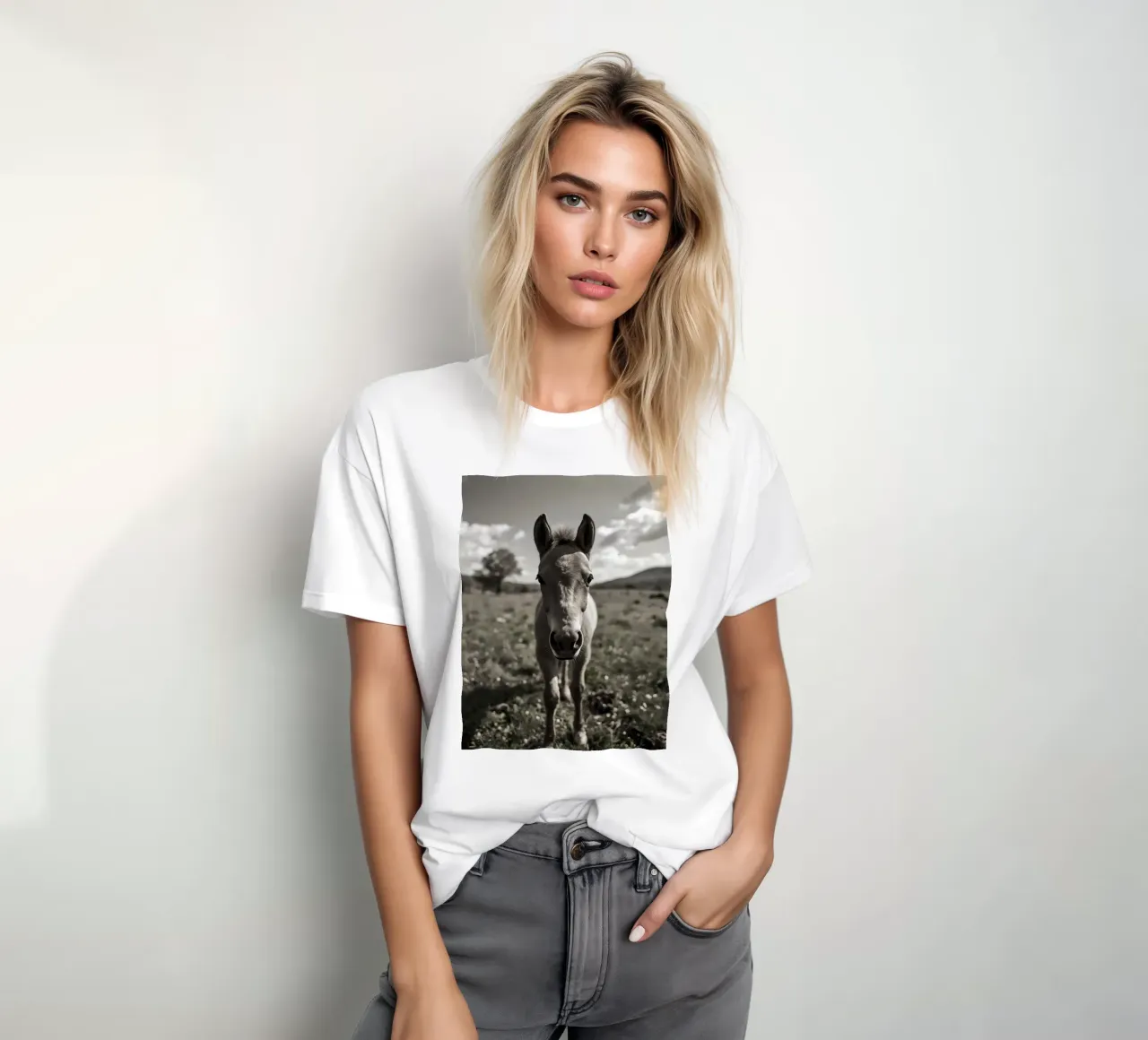 Puledro in piedi in un campo erboso in scala di grigi t-shirt da DesignDoodle