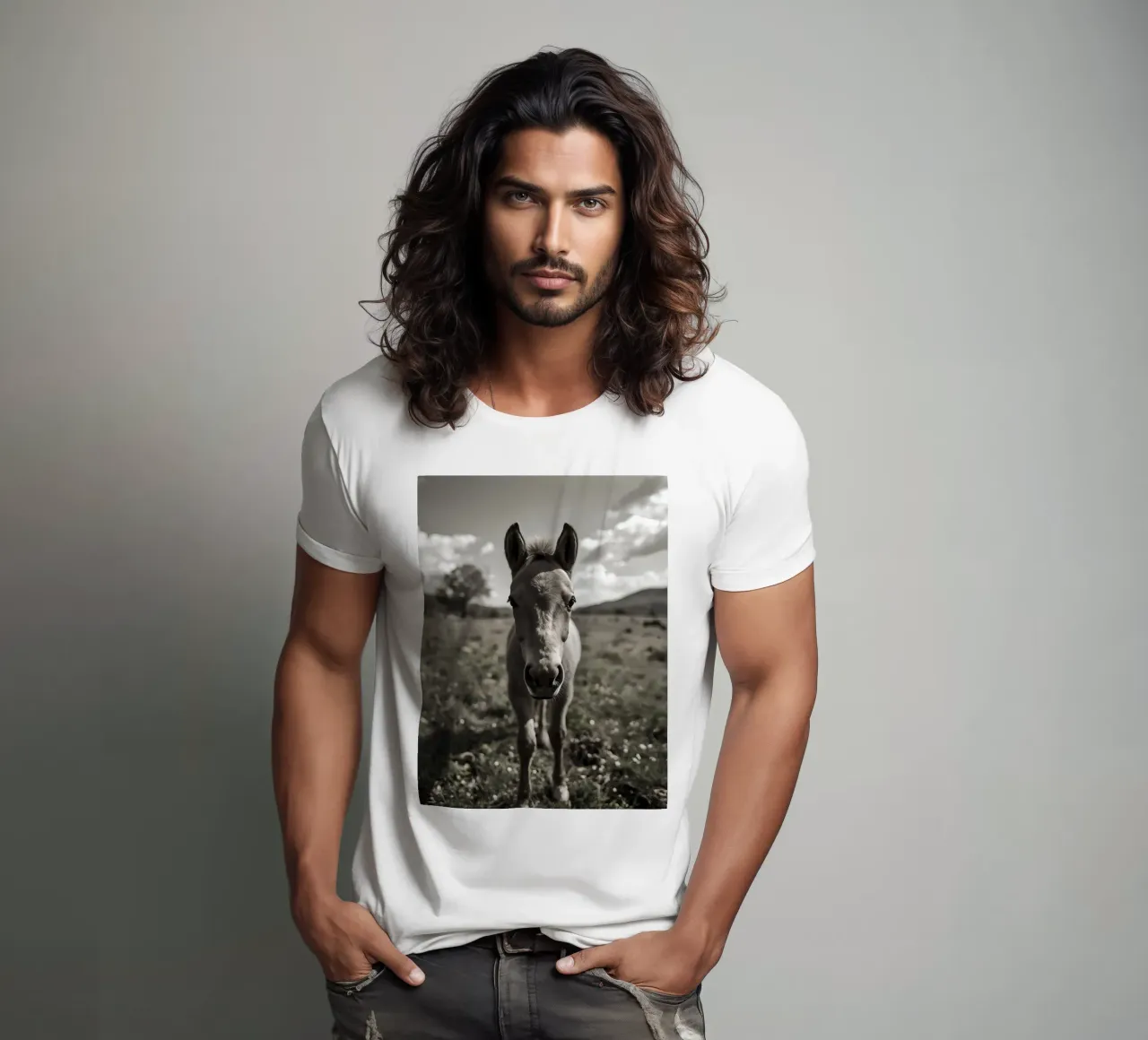 Puledro in piedi in un campo erboso in scala di grigi t-shirt da DesignDoodle