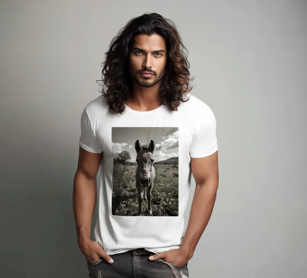 Puledro in piedi in un campo erboso in scala di grigi t-shirt da DesignDoodle