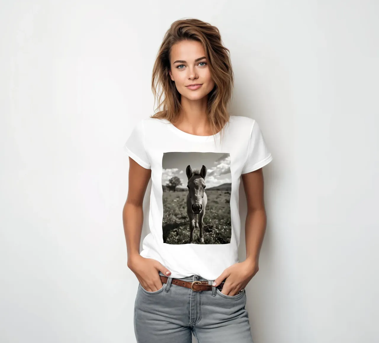 Puledro in piedi in un campo erboso in scala di grigi t-shirt da donna da DesignDoodle