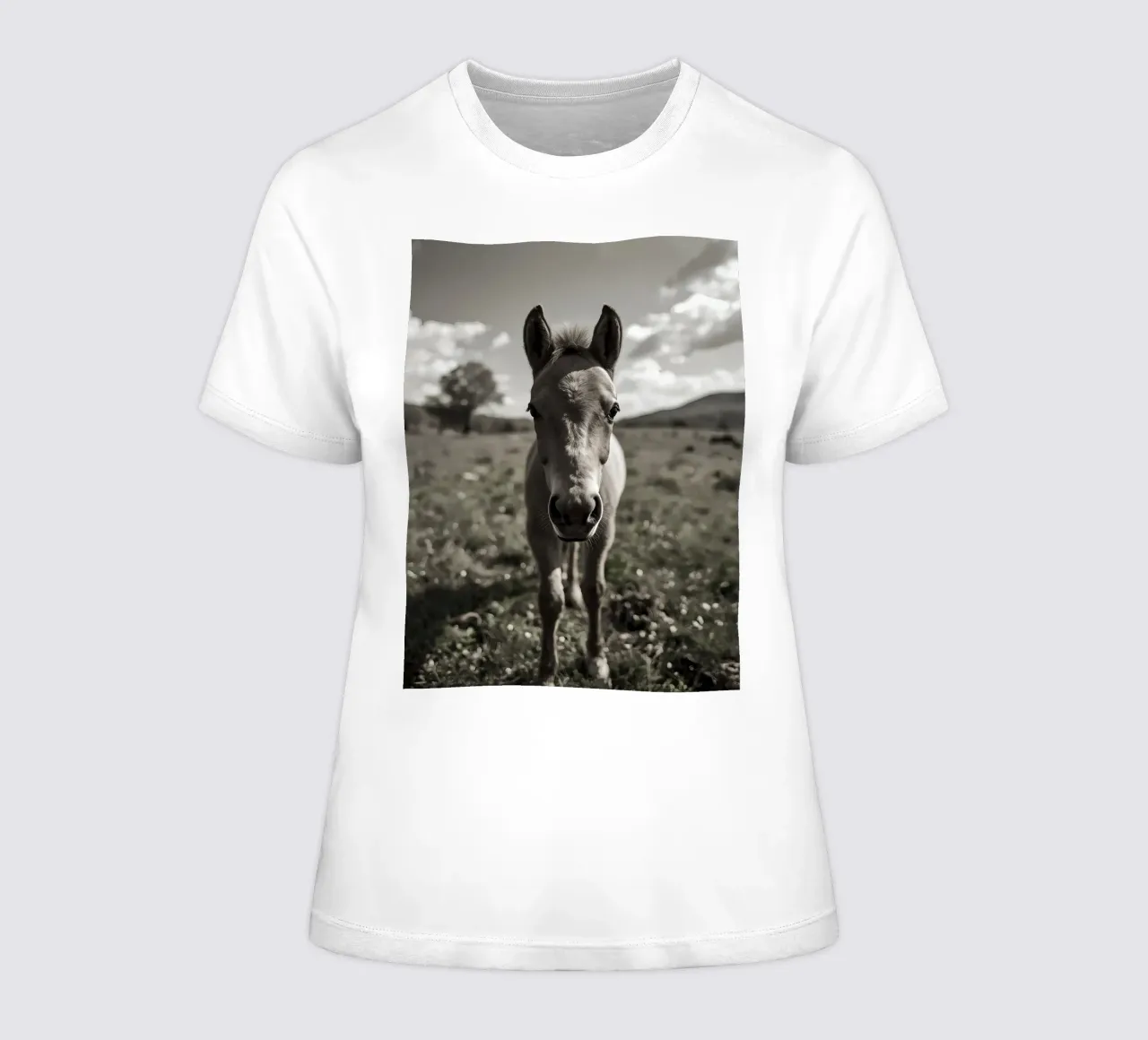 Puledro in piedi in un campo erboso in scala di grigi t-shirt da donna da DesignDoodle
