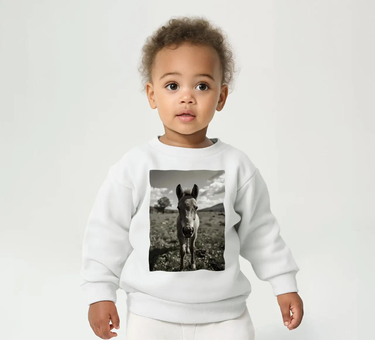 Puledro in piedi in un campo erboso in scala di grigi felpa neonato da DesignDoodle