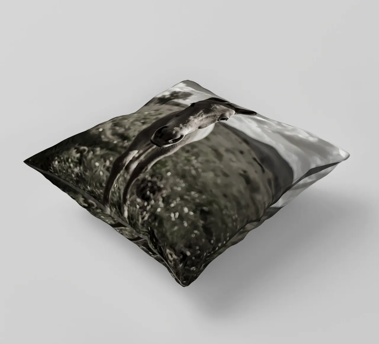 Puledro in piedi in un campo erboso in scala di grigi cuscino da DesignDoodle