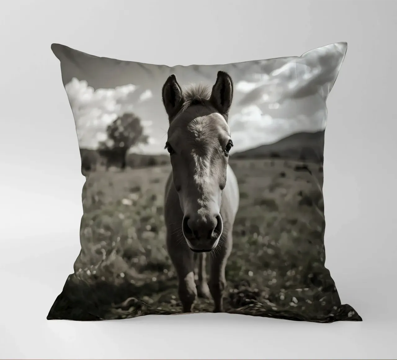 Puledro in piedi in un campo erboso in scala di grigi cuscino da DesignDoodle