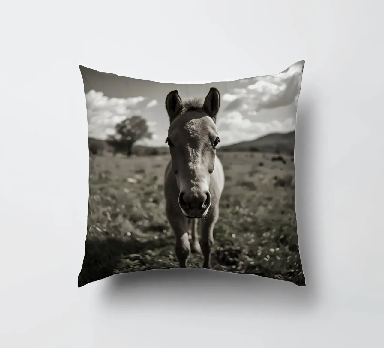 Puledro in piedi in un campo erboso in scala di grigi cuscino da DesignDoodle