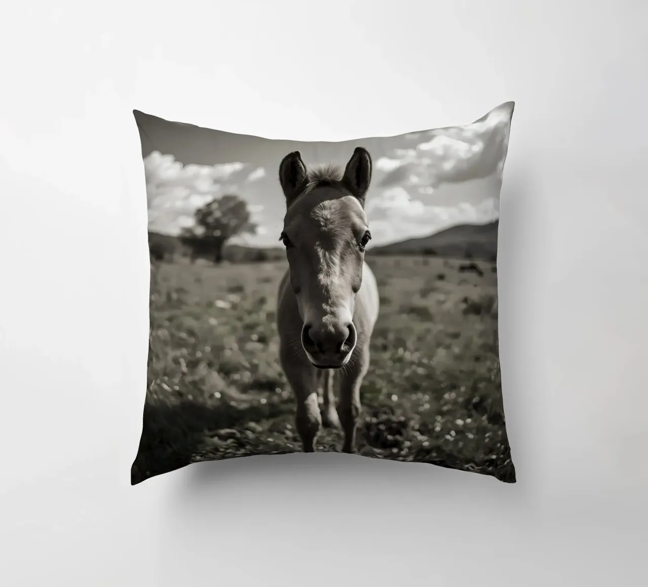 Puledro in piedi in un campo erboso in scala di grigi cuscino da DesignDoodle