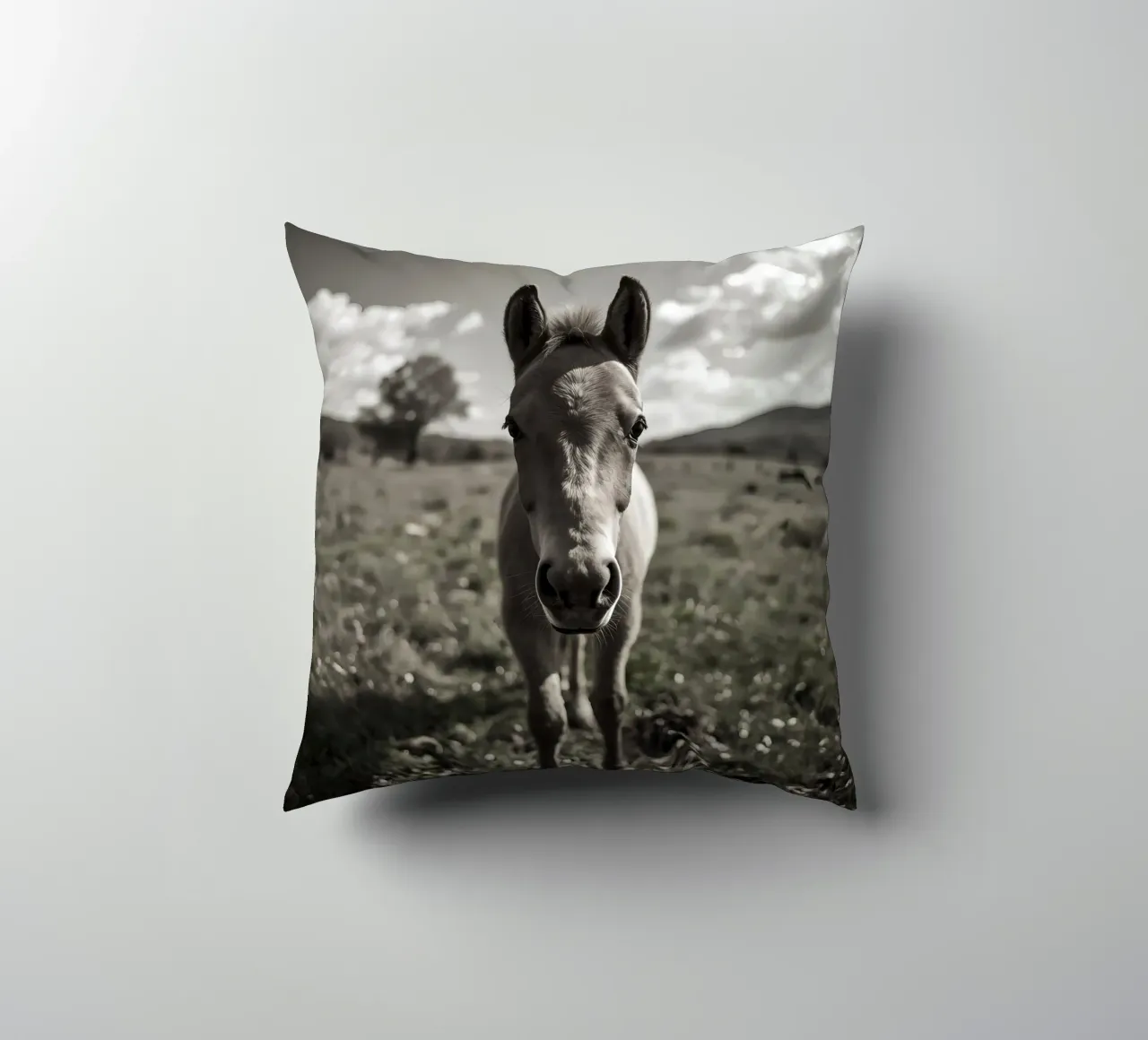 Puledro in piedi in un campo erboso in scala di grigi cuscino da DesignDoodle