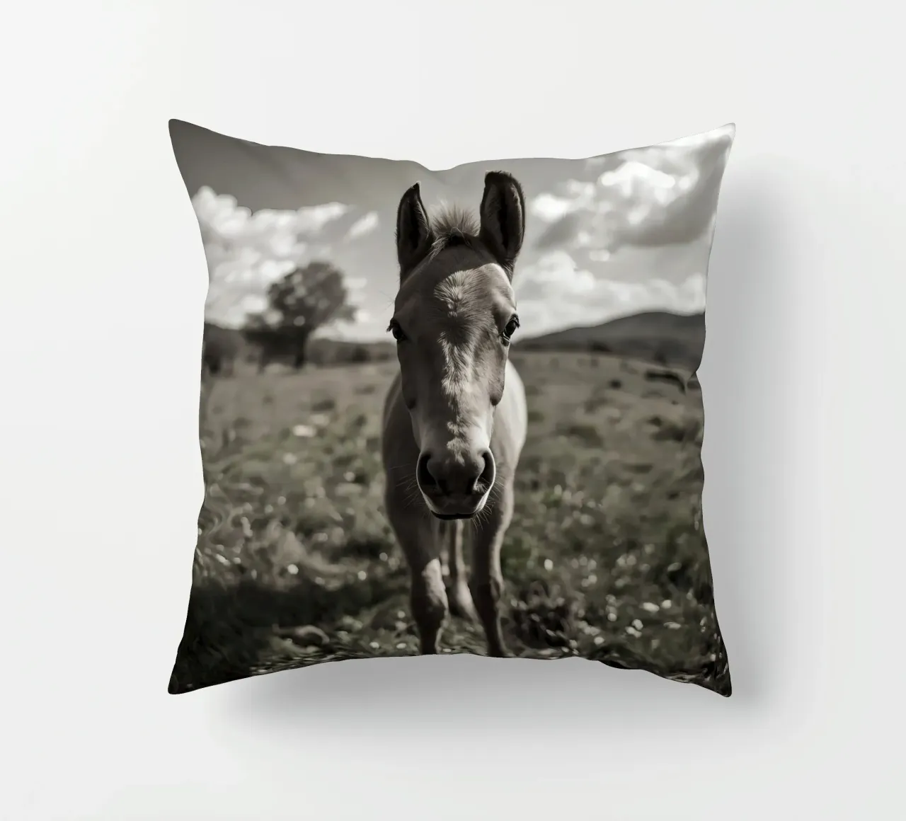 Puledro in piedi in un campo erboso in scala di grigi cuscino da DesignDoodle