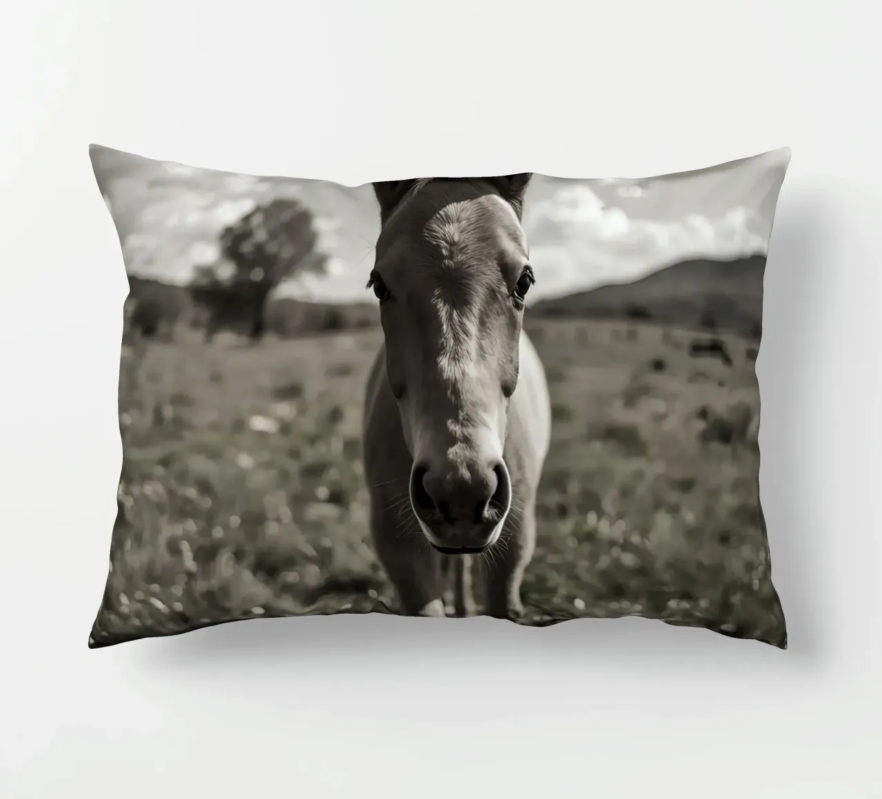 Puledro in piedi in un campo erboso in scala di grigi cuscino da DesignDoodle