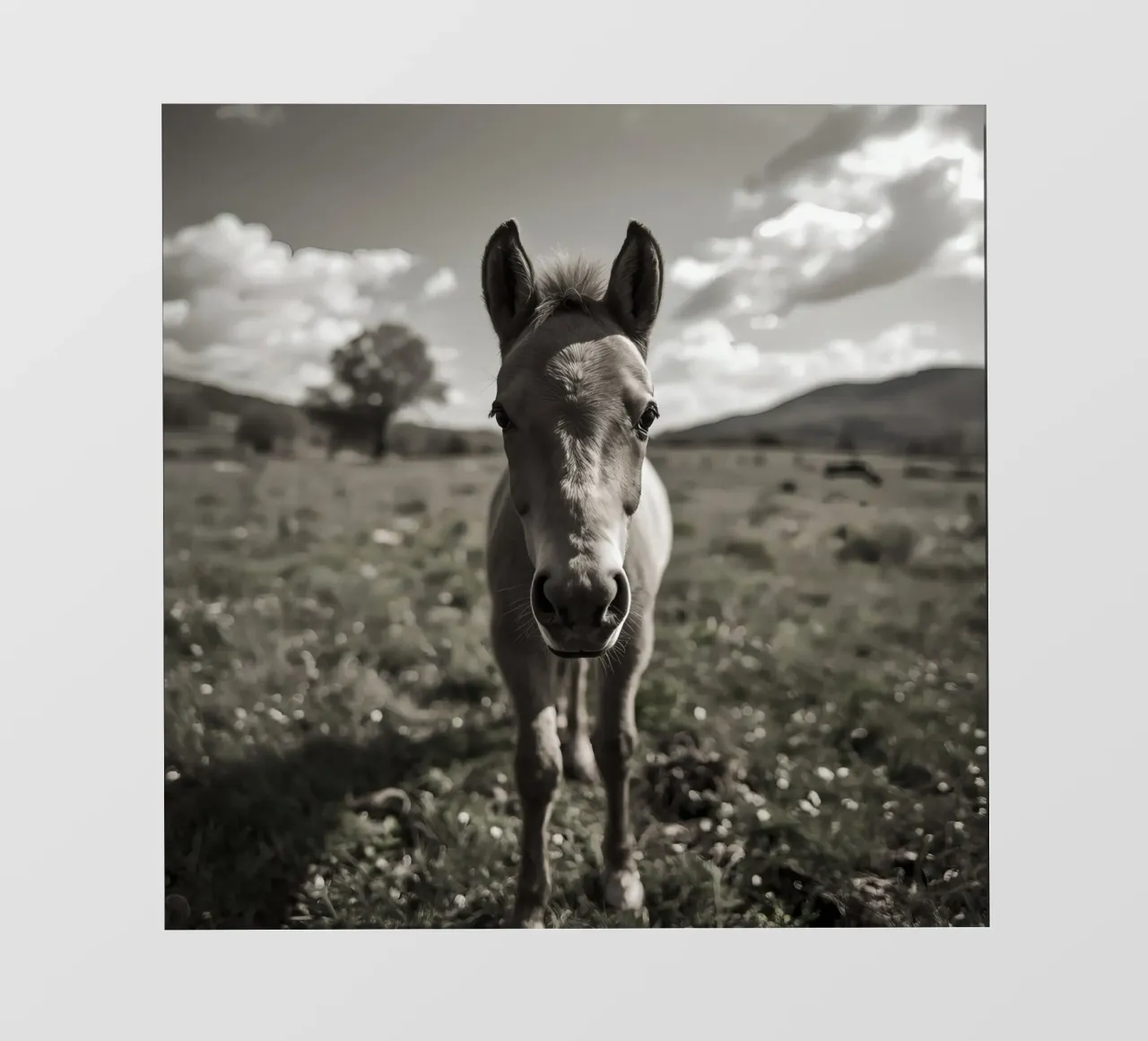 Puledro in piedi in un campo erboso in scala di grigi pellicola backlit da DesignDoodle
