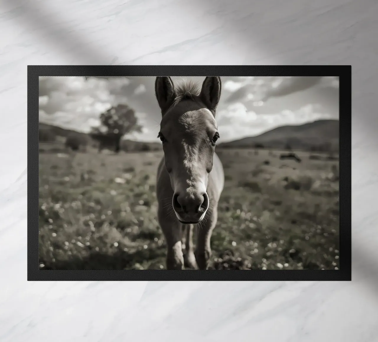Puledro in piedi in un campo erboso in scala di grigi zerbino da DesignDoodle