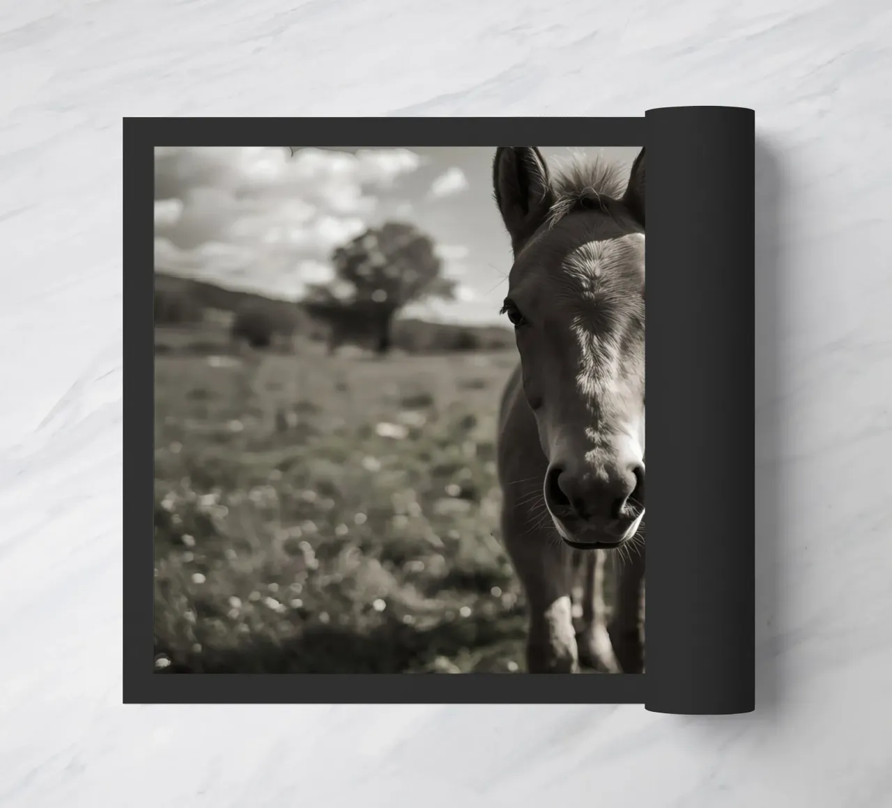 Puledro in piedi in un campo erboso in scala di grigi zerbino da DesignDoodle