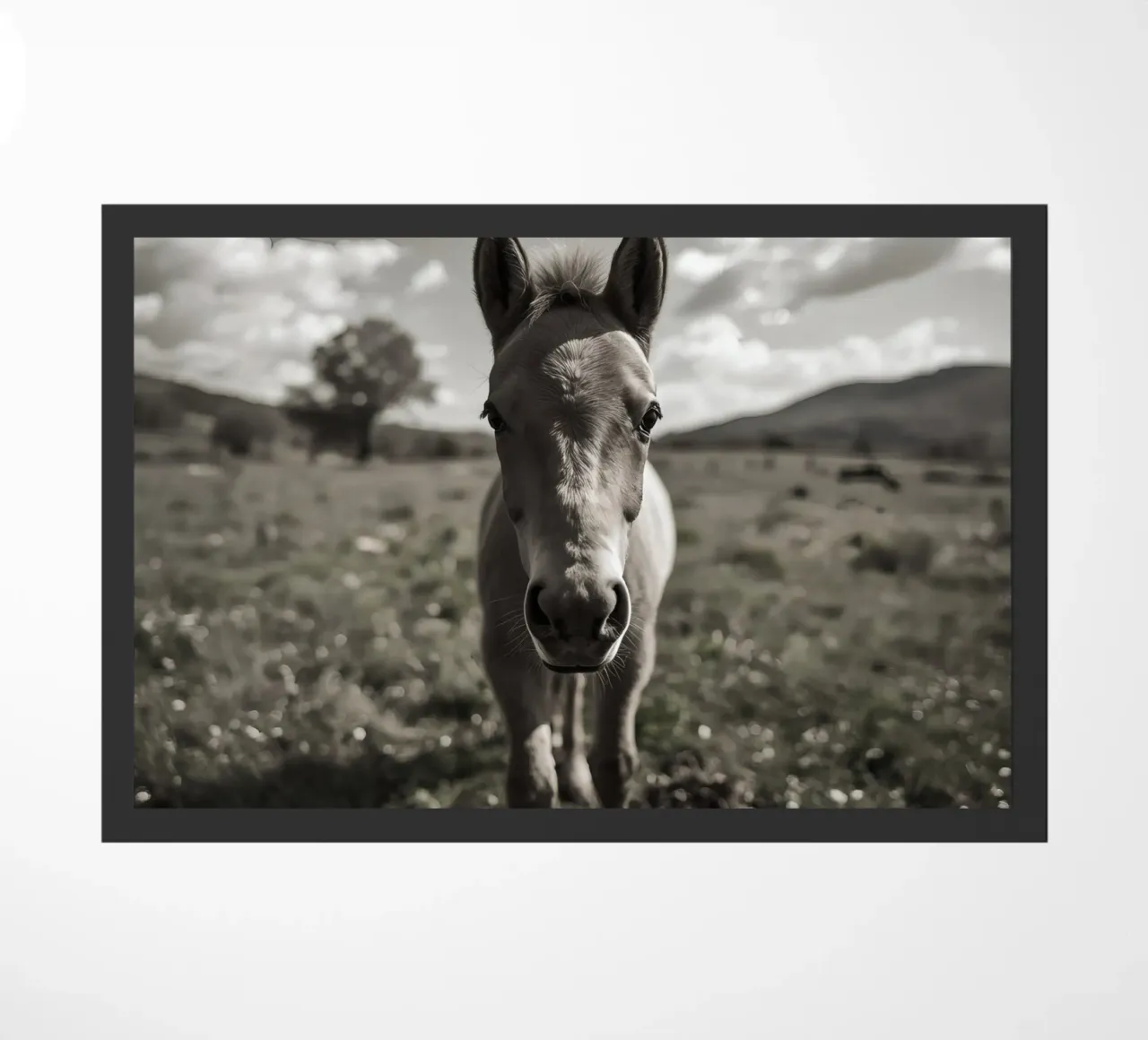 Puledro in piedi in un campo erboso in scala di grigi zerbino da DesignDoodle