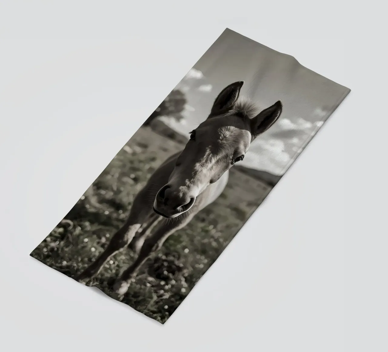 Puledro in piedi in un campo erboso in scala di grigi telo mare da DesignDoodle