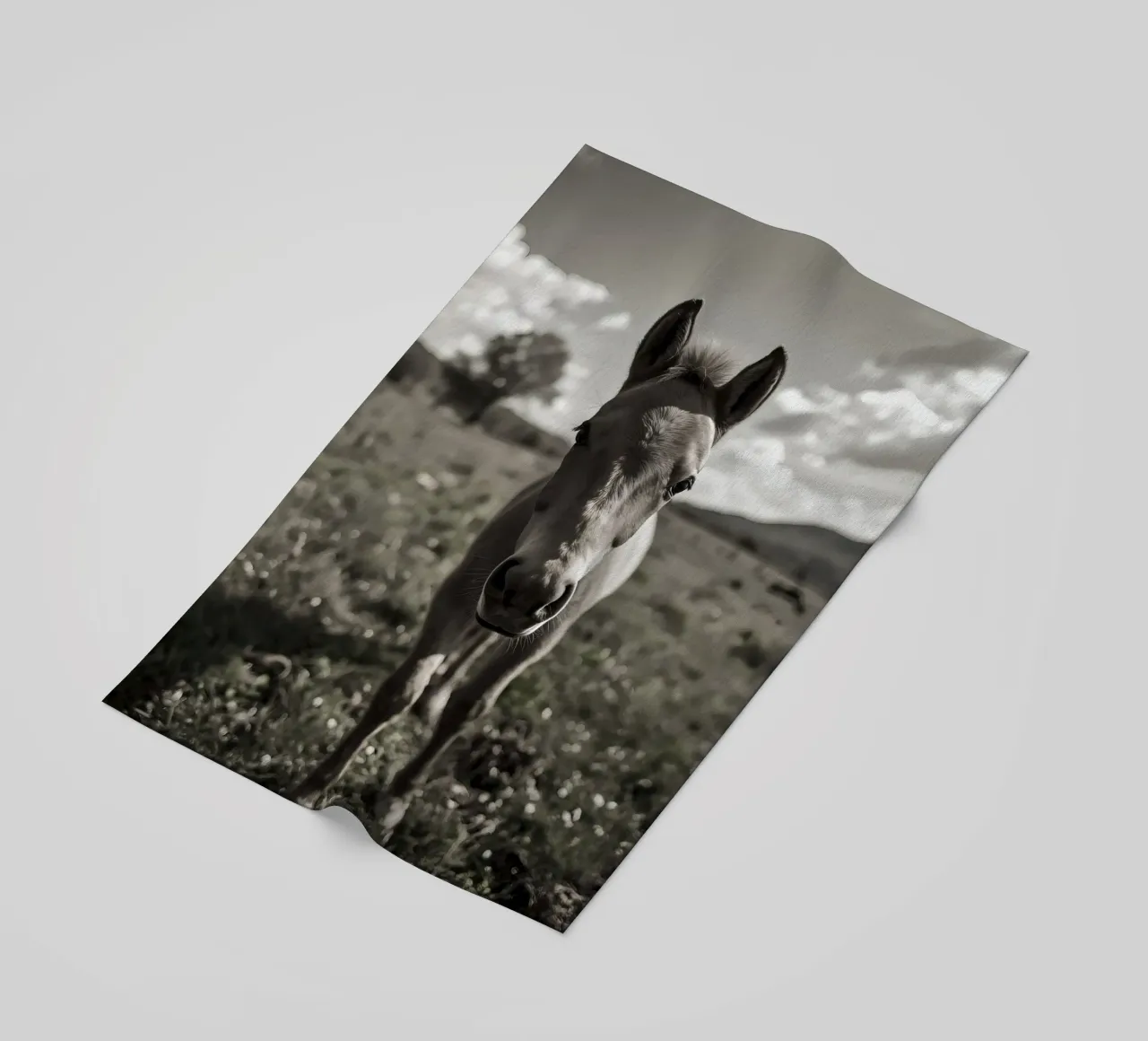 Puledro in piedi in un campo erboso in scala di grigi telo mare da DesignDoodle