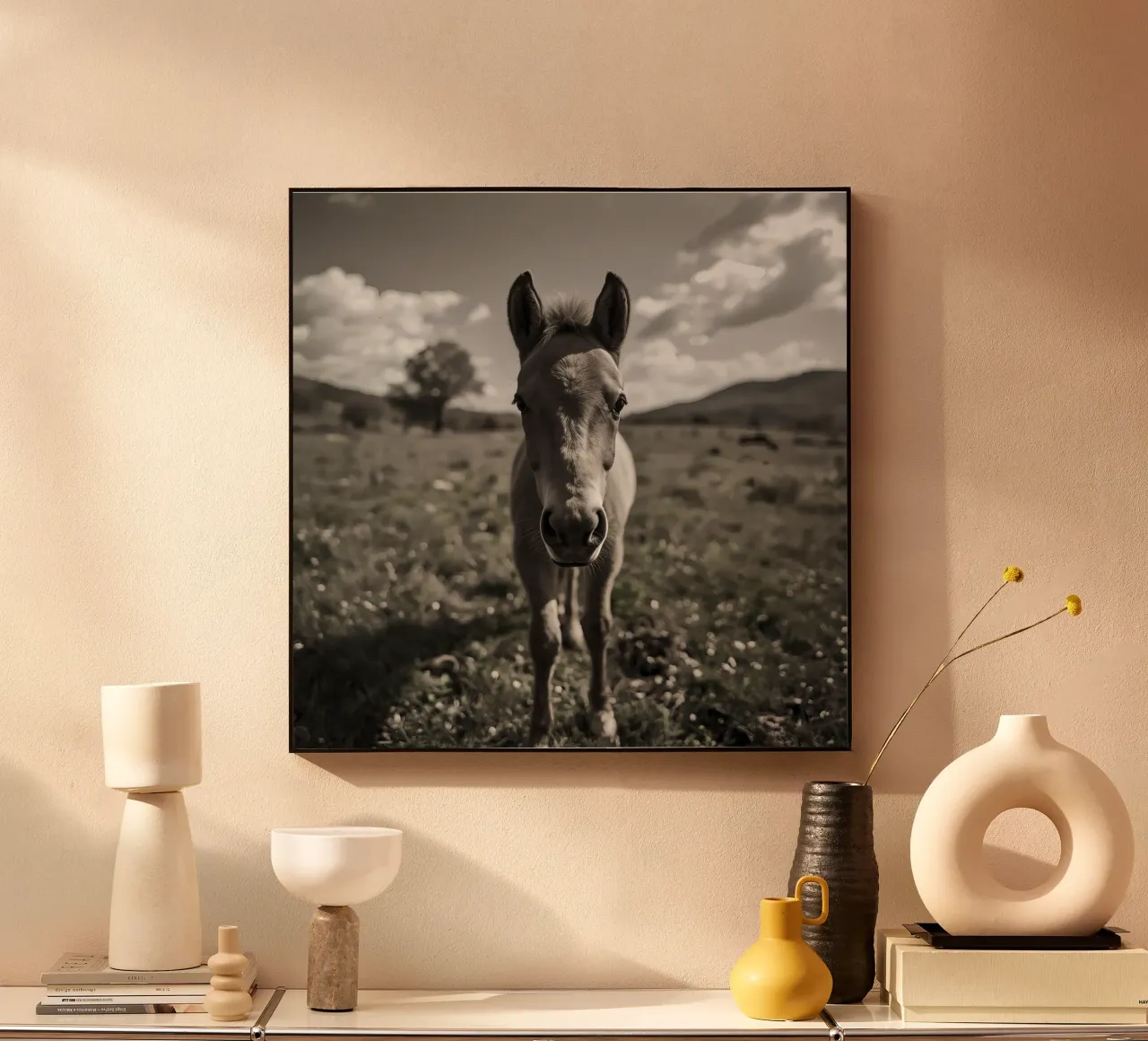 Puledro in piedi in un campo erboso in scala di grigi plexiglass da DesignDoodle