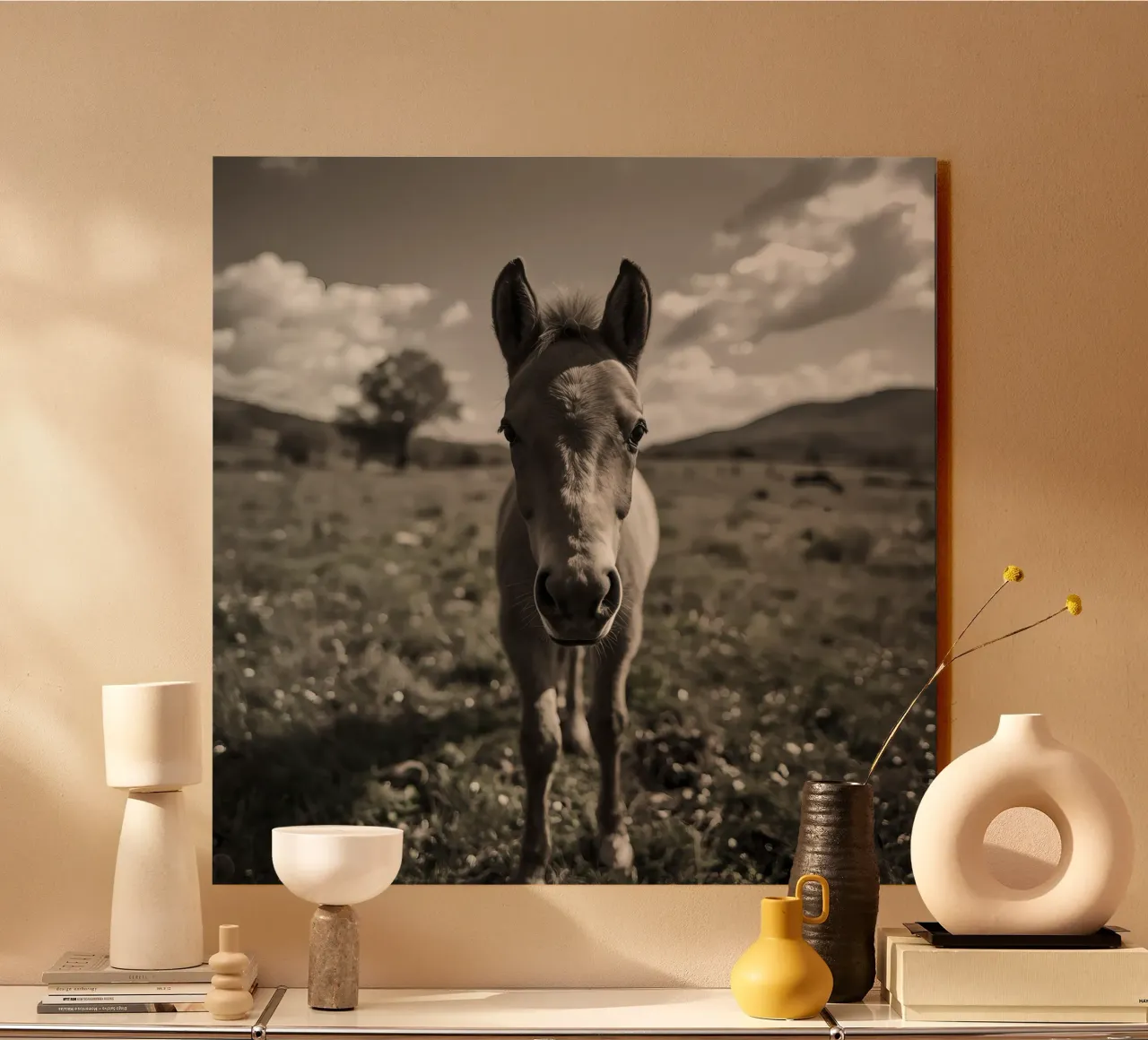 Puledro in piedi in un campo erboso in scala di grigi plexiglass da DesignDoodle