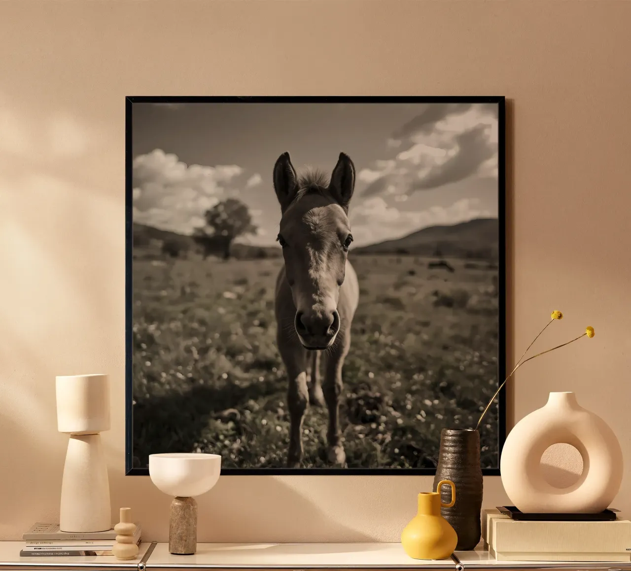 Puledro in piedi in un campo erboso in scala di grigi poster da DesignDoodle