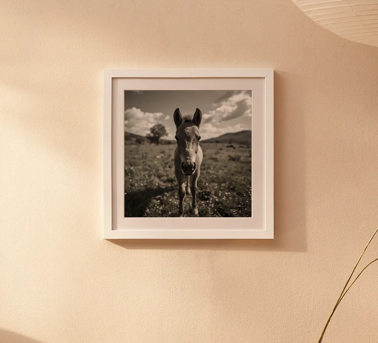 Puledro in piedi in un campo erboso in scala di grigi poster da DesignDoodle