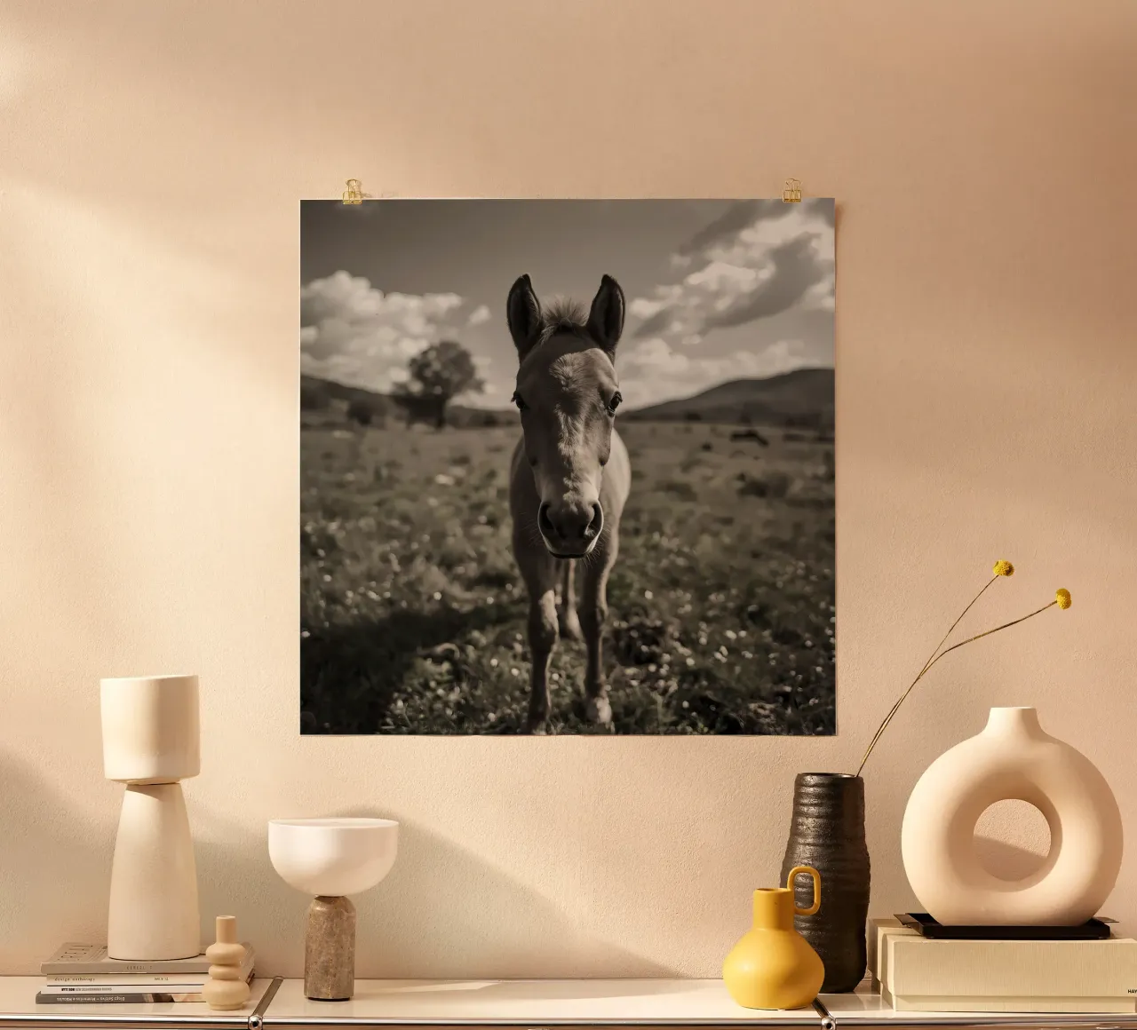 Puledro in piedi in un campo erboso in scala di grigi poster da DesignDoodle