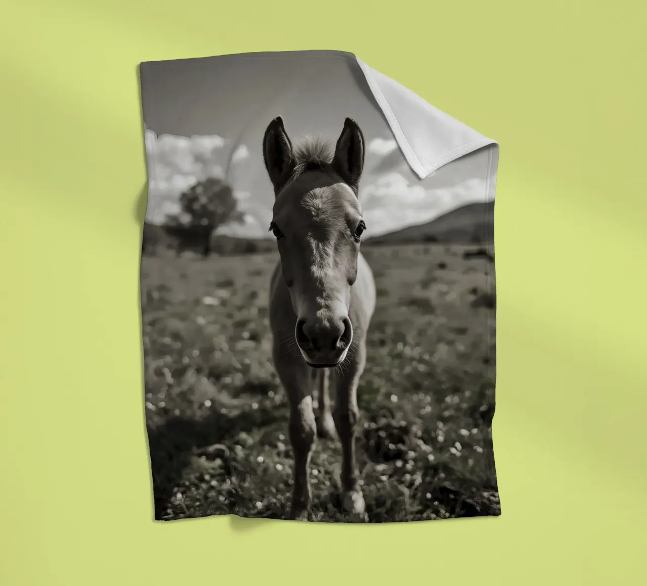 Puledro in piedi in un campo erboso in scala di grigi coperta in pile da DesignDoodle