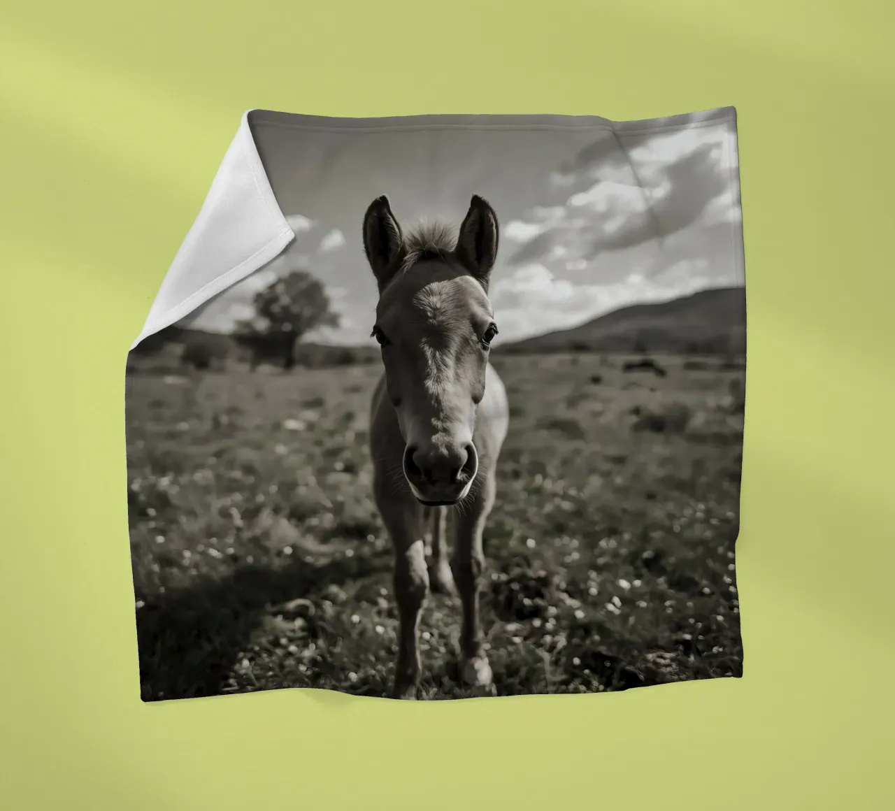 Puledro in piedi in un campo erboso in scala di grigi coperta in pile da DesignDoodle