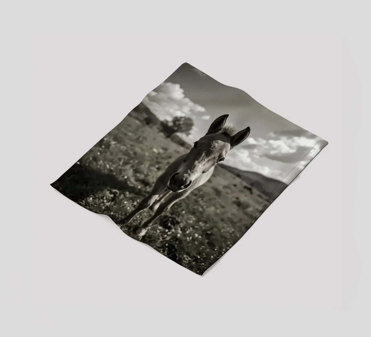 Puledro in piedi in un campo erboso in scala di grigi coperta in pile da DesignDoodle