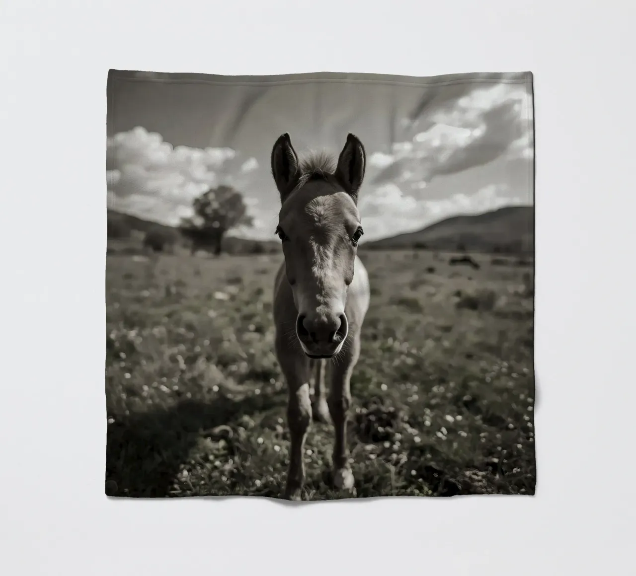 Puledro in piedi in un campo erboso in scala di grigi coperta in pile da DesignDoodle