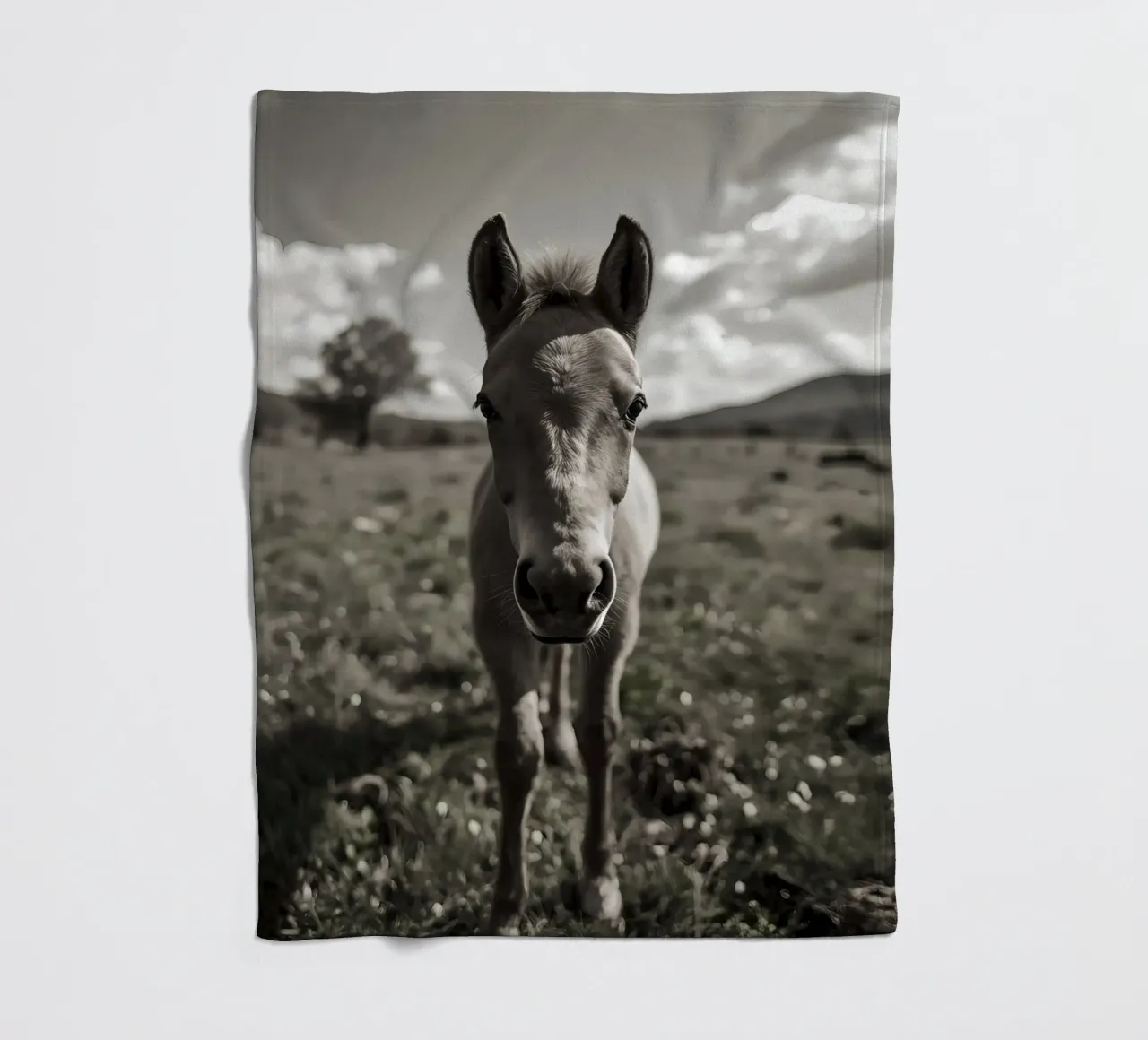 Puledro in piedi in un campo erboso in scala di grigi coperta in pile da DesignDoodle