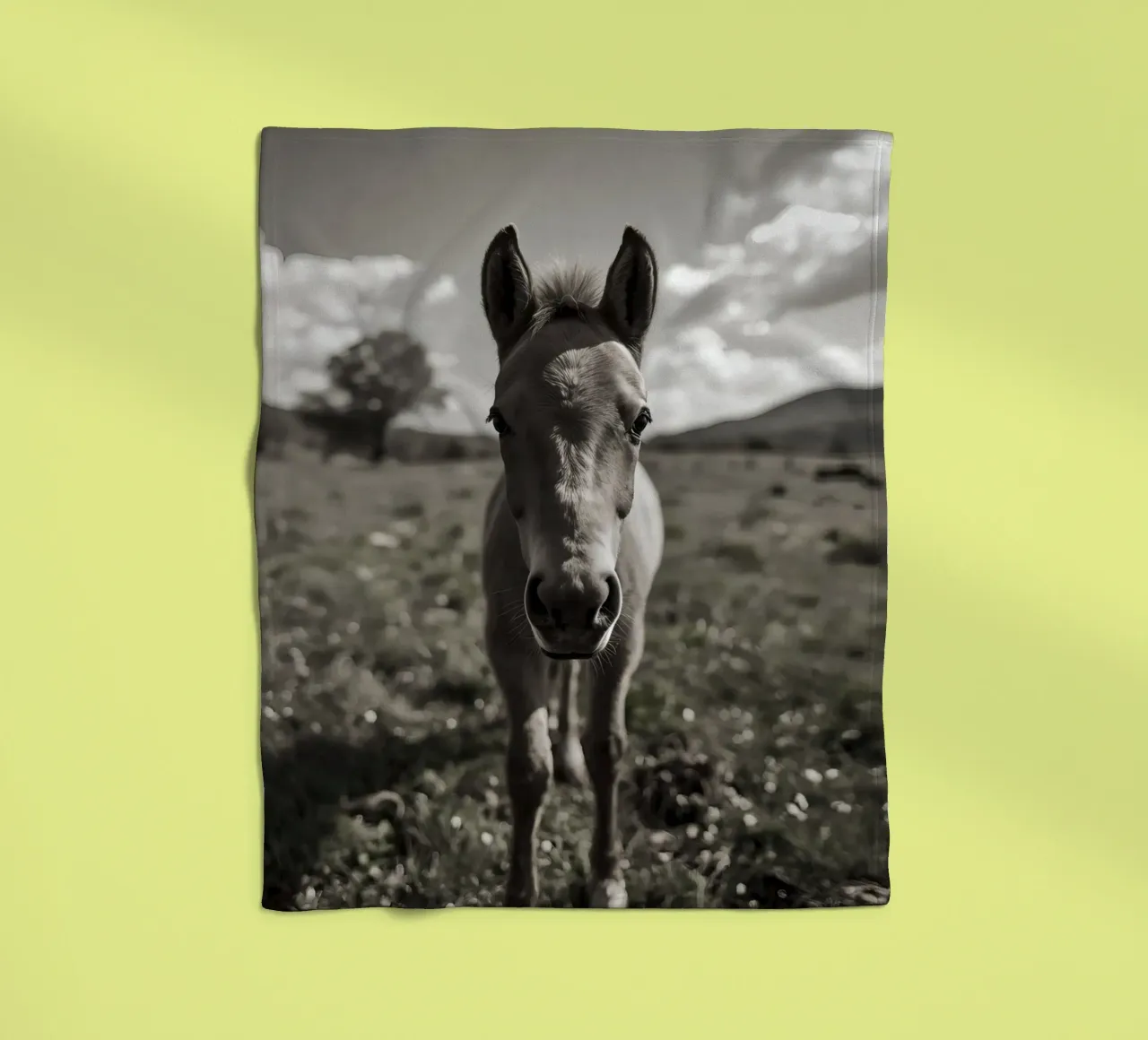 Puledro in piedi in un campo erboso in scala di grigi coperta in pile da DesignDoodle