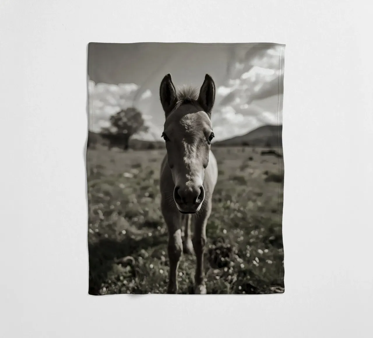 Puledro in piedi in un campo erboso in scala di grigi coperta in pile da DesignDoodle