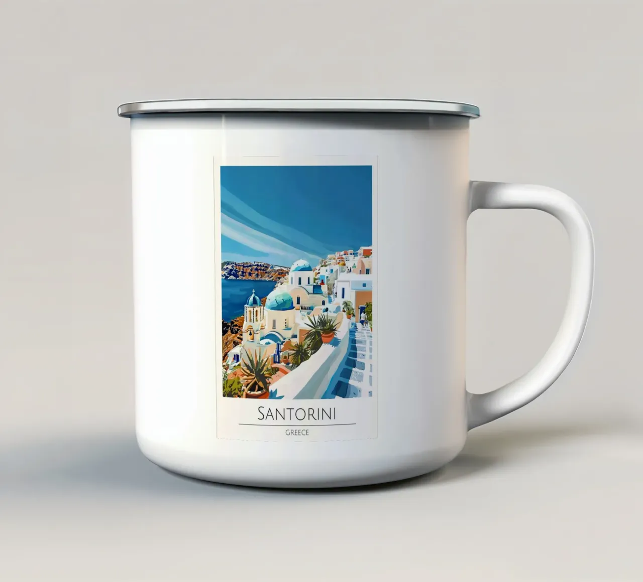 Santorini, Grecia - Poster di viaggio in stile vintage tazza in smalto da homdeco