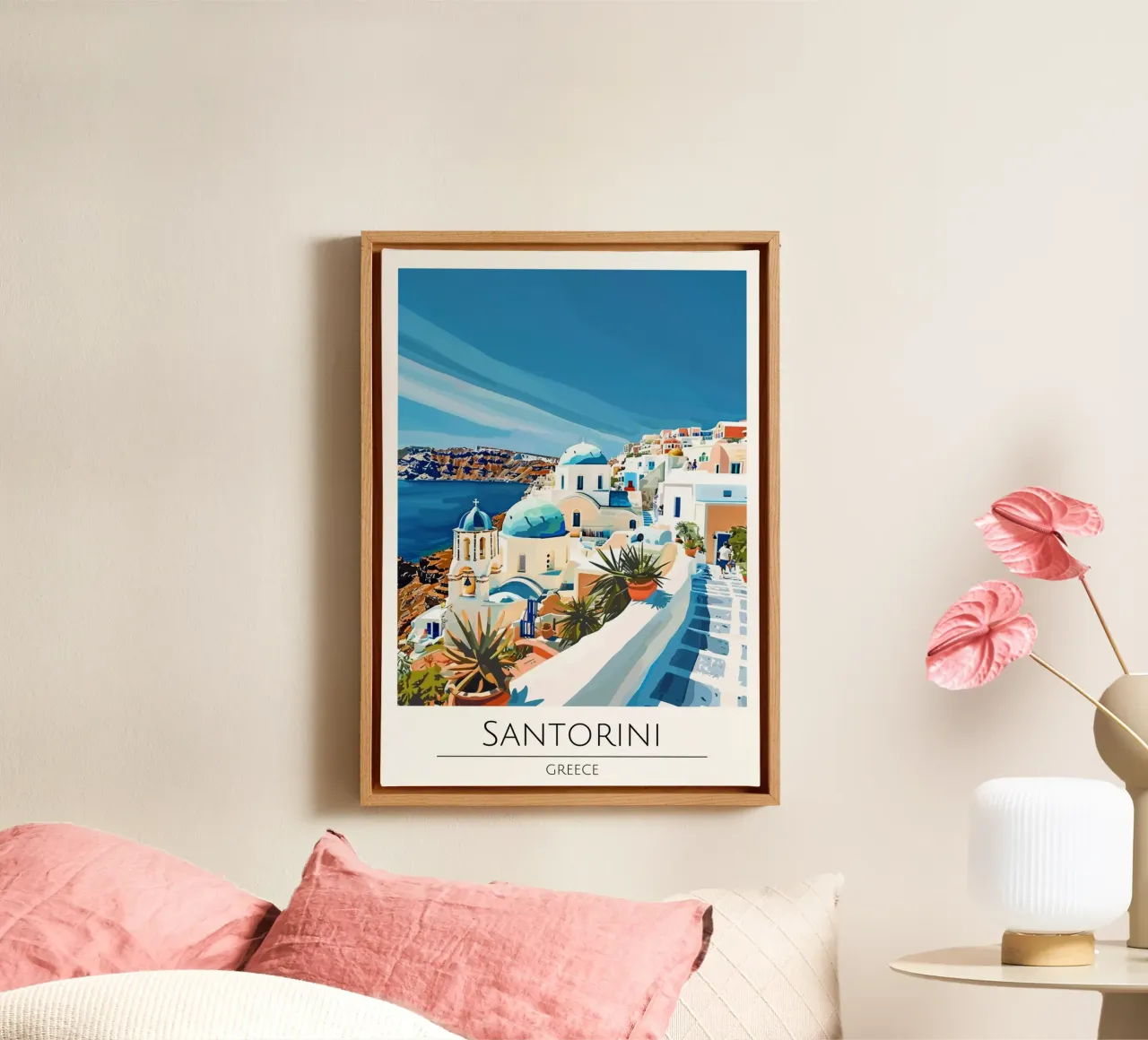 Santorini, Grecia - Poster di viaggio in stile vintage tela con Cornice a cassetta da homdeco