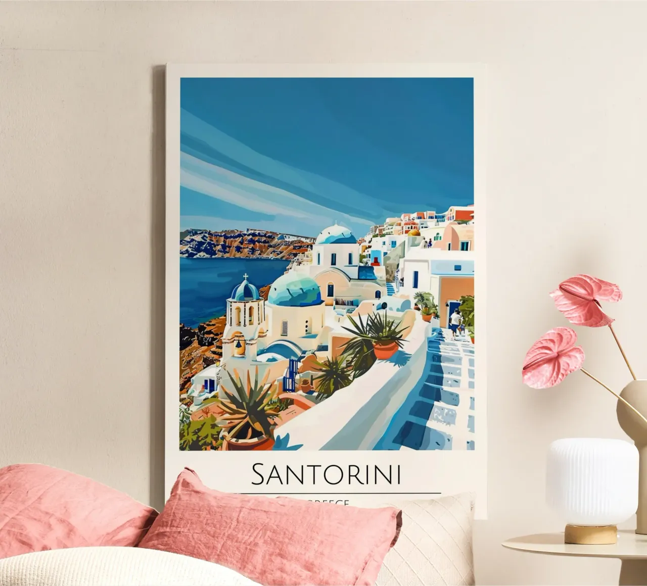 Santorini, Grecia - Poster di viaggio in stile vintage tela con Cornice a cassetta da homdeco