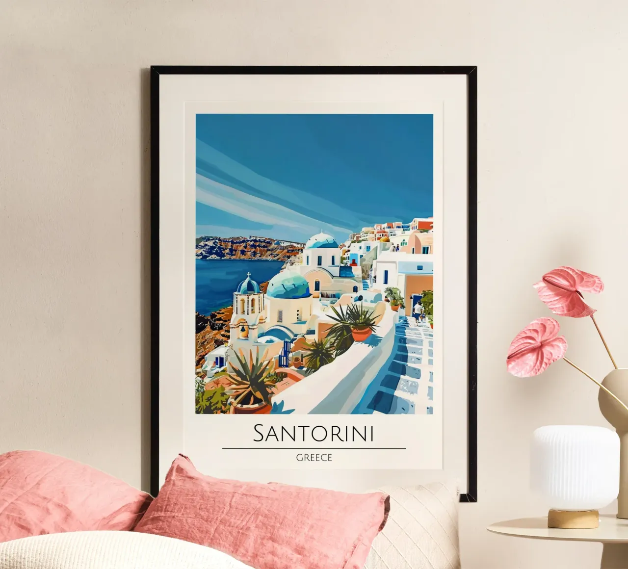 Santorini, Grecia - Poster di viaggio in stile vintage poster con telaio in plastica da homdeco