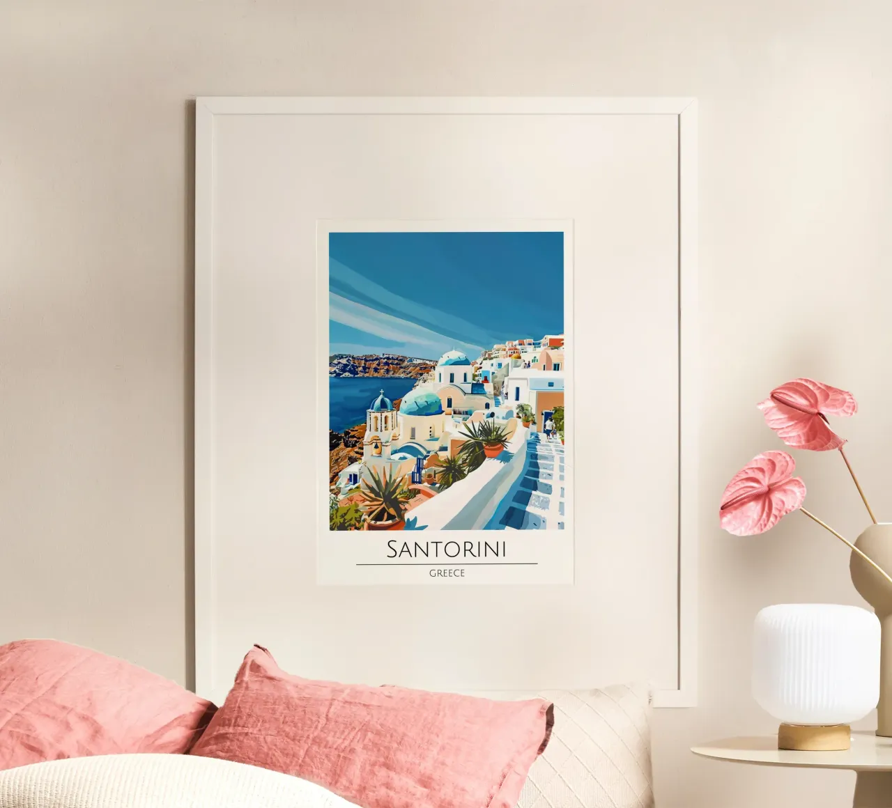 Santorini, Grecia - Poster di viaggio in stile vintage poster con telaio in plastica da homdeco