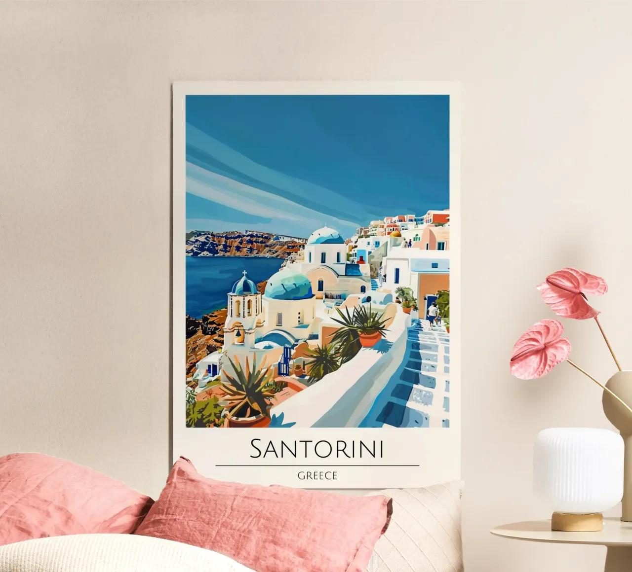 Santorini, Grecia - Poster di viaggio in stile vintage poster con telaio in plastica da homdeco