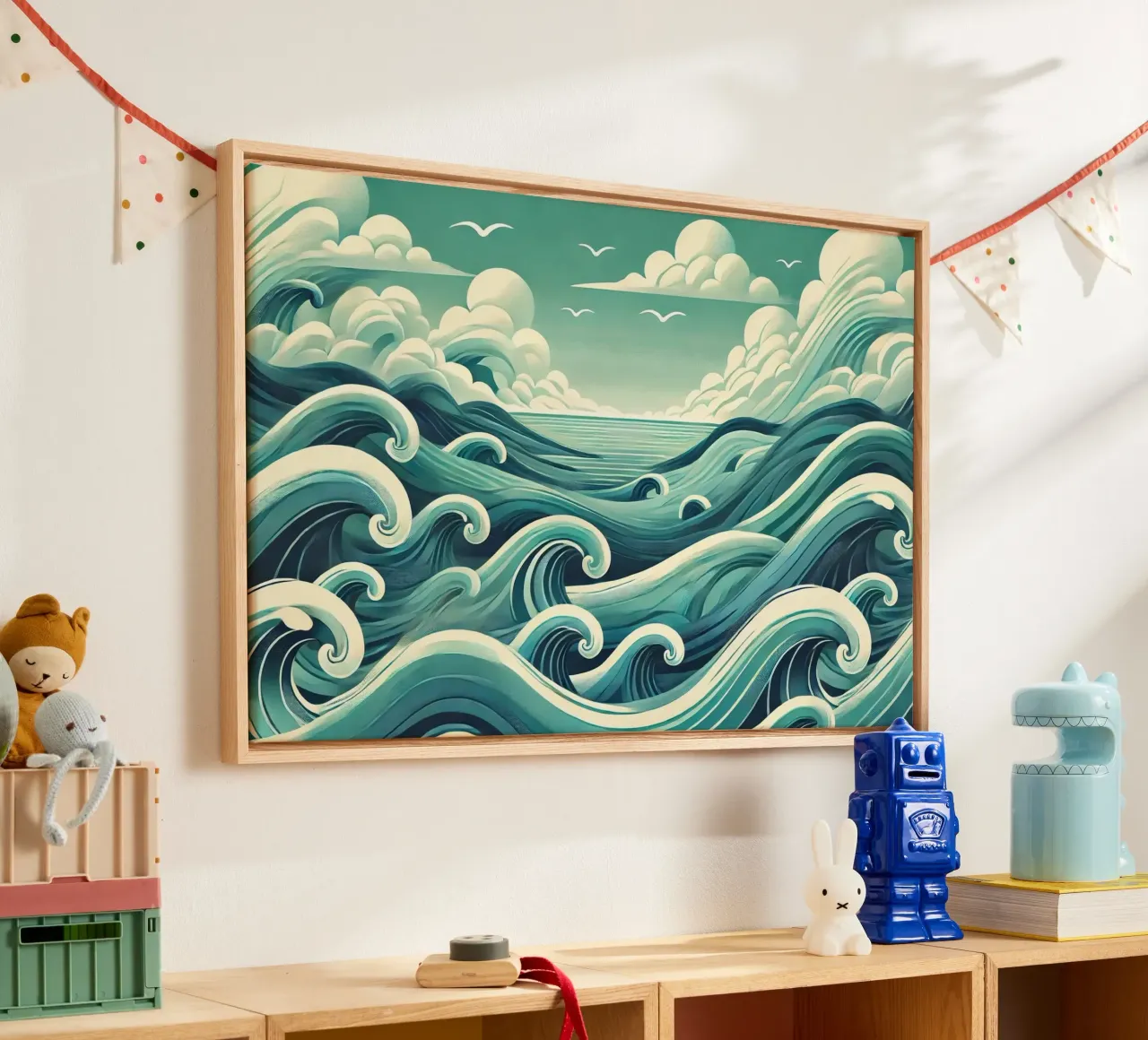 Serene golfsymfonie canvas met Baklijst van Chromatic Fusion Studio