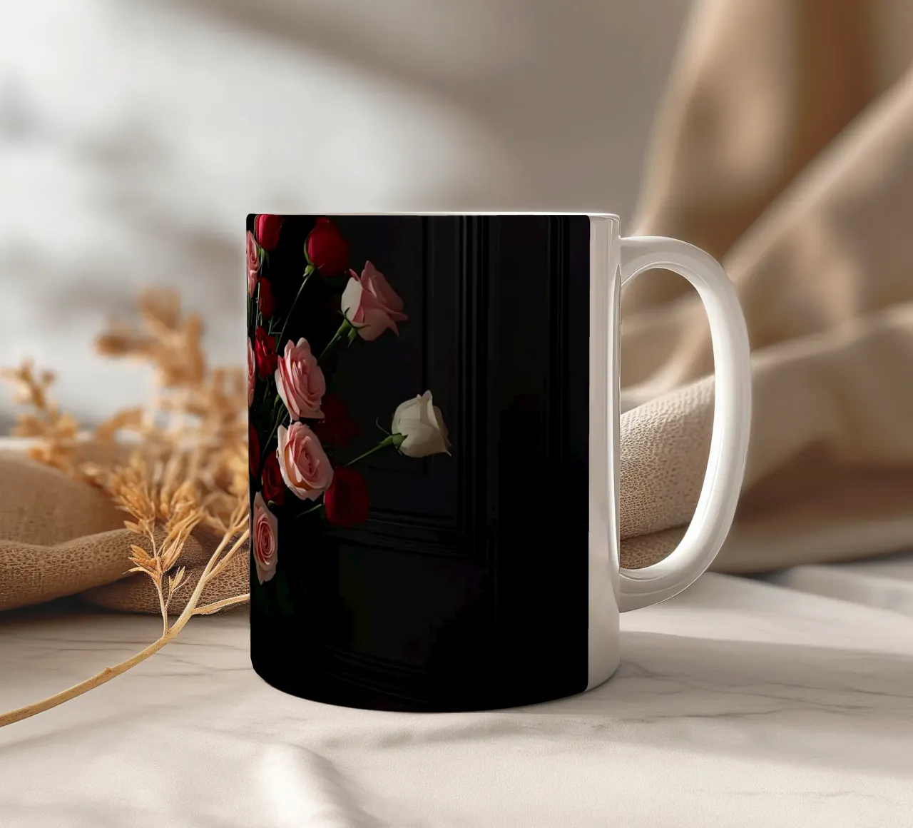 Bloemstuk met rozen in zwarte vaas keramische mok van DesignDoodle