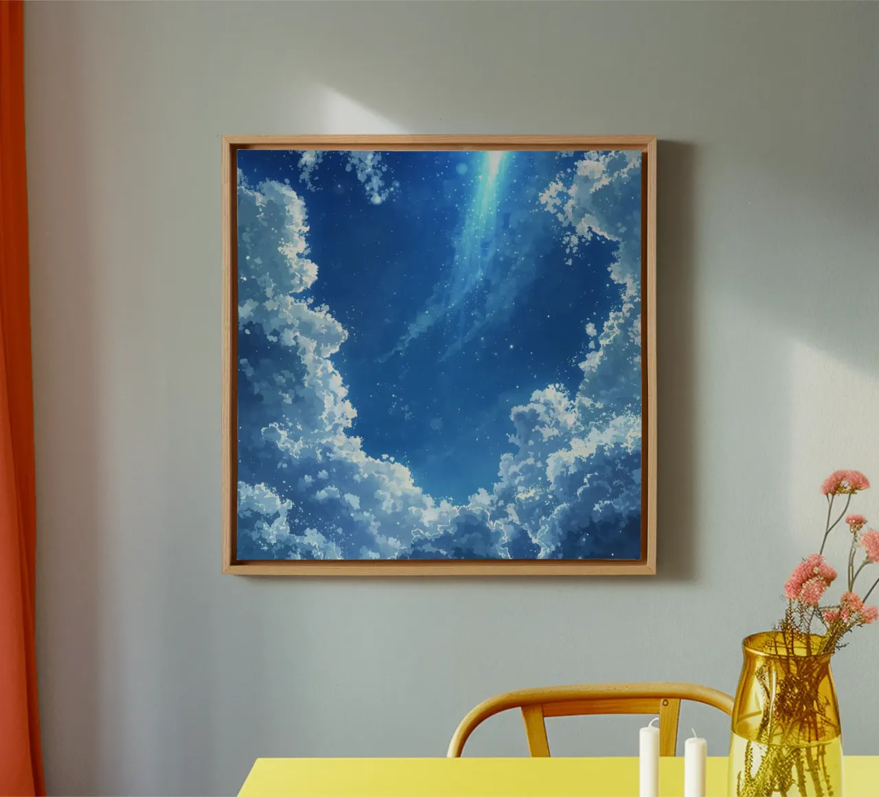 Digital Illustration of Blue Sky with Clouds and Light Strea canvas with Floater frame by DesignDoodle